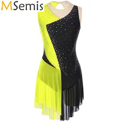 Womens Gymnastics Artistic Figure Skating Ballet Lyrical Dress Ballet Lyrical Dance Costume Sparkly Rhinestone Skirted Leotard