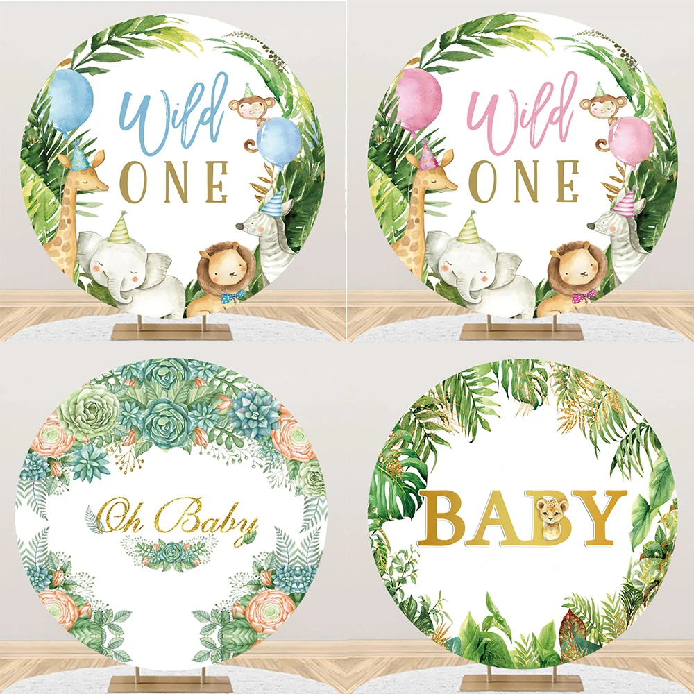 

Tropical Greenery Leaves Backdrop baby show polyester backdrop cover elastic round Forest Jungle backdrop photo studio