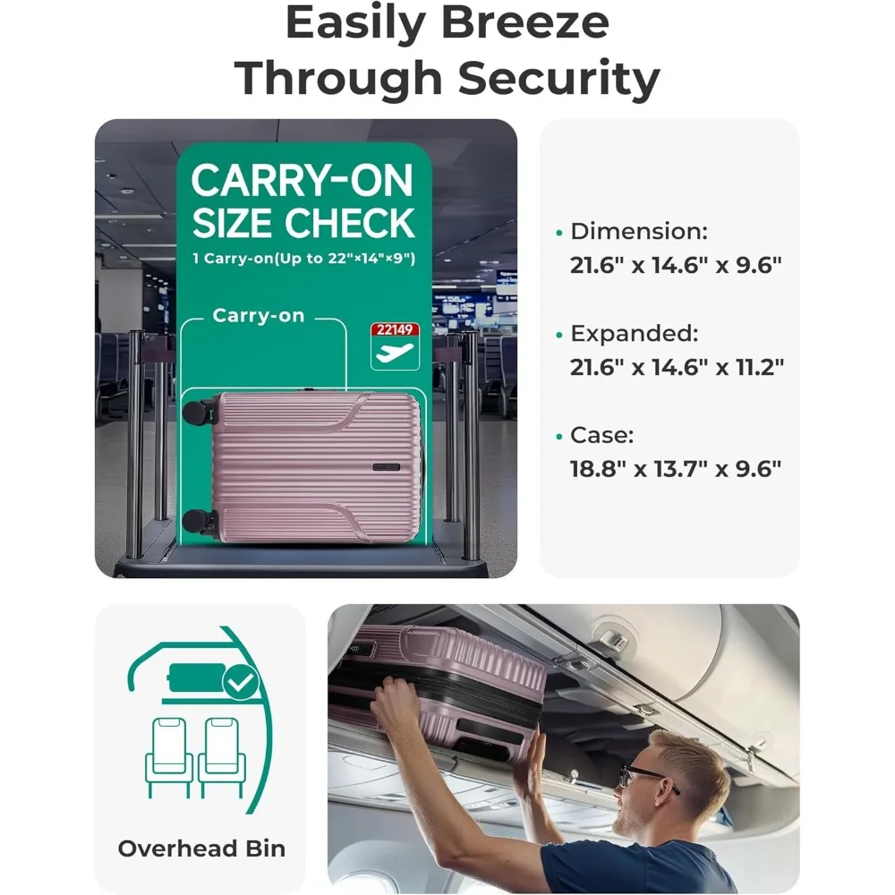 Tas Koper Spinner Hardside 20 Inci yang Dapat Diperluas, Koper Kabin yang Disetujui Maskapai dengan Roda untuk Perjalanan