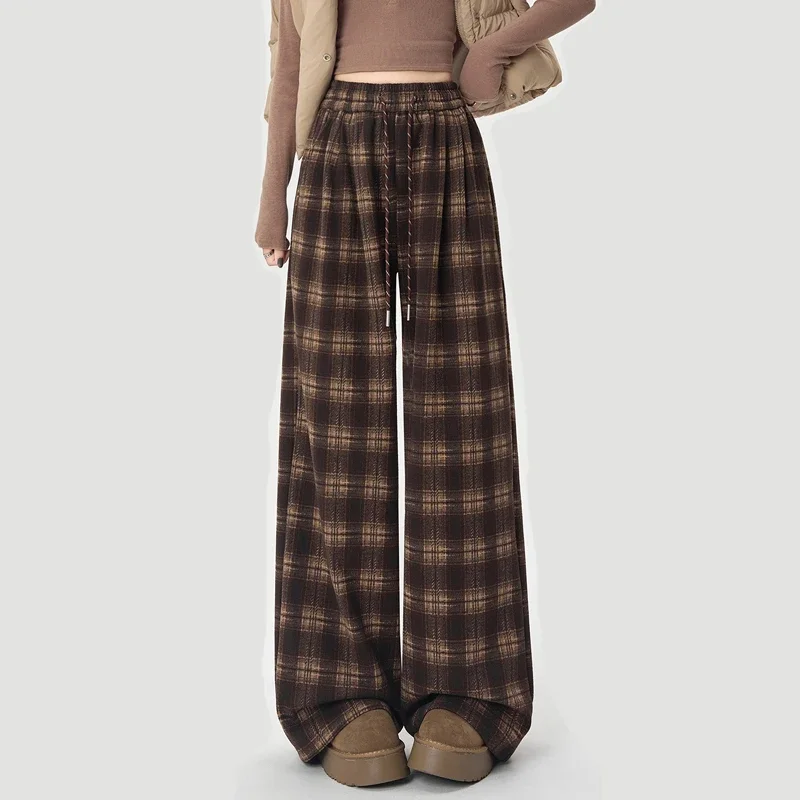 Woolen Plaid Straight Pants for Women Harajuku Autumn Winter Retro Casual Trousers Baggy Elastic High Waist Wide Leg Pants Mujer