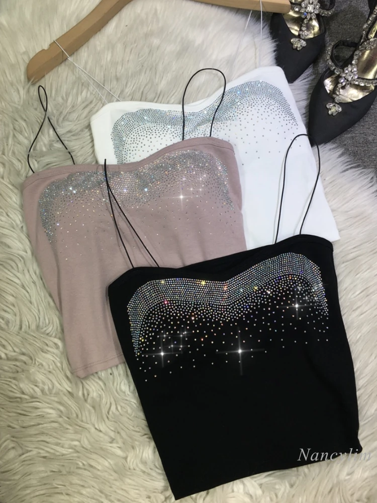 

Heavy Embroidery Hot Drilling Beauty Back Women's Spaghetti Strap Tube Top with Chest Pad All-Matching Cotton Camisole Summer