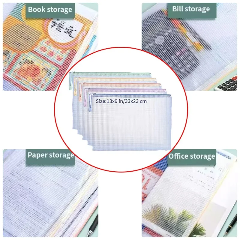 5 sacchetti porta documenti A4/A5/A6 - PE trasparente impermeabile + custodia in rete con cerniera, borsa per documenti di cancelleria per ufficio scolastico