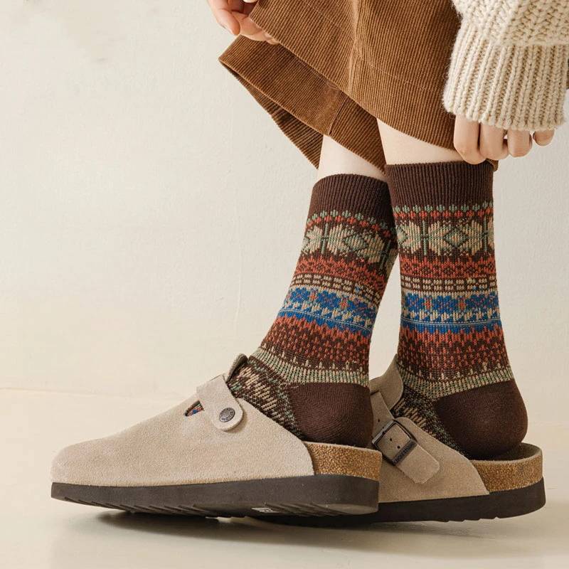 

Осенние и зимние носки в стиле ретро, женские носки без костей в этническом стиле, двусторонние, двуглавые, средние носки-трубы, спортивные носки