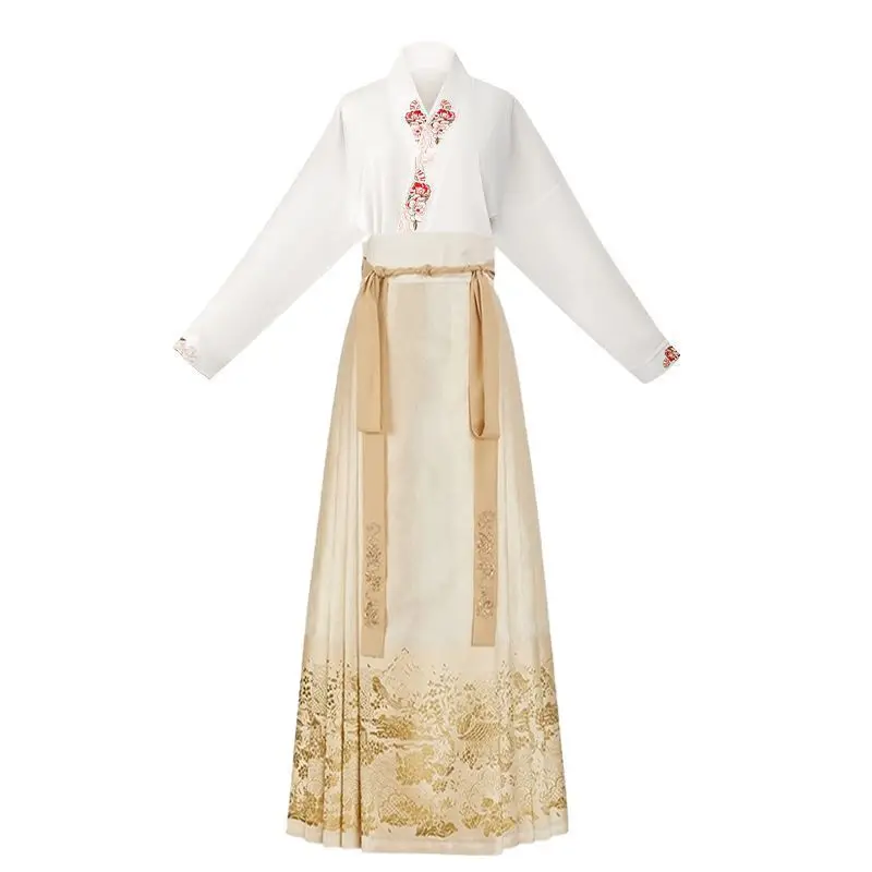New Chinese Horse Face Skirt Two-piece Women\'s 2024 New Hanfu Female Tops Fashion Loose Print Birthday Party Banquet Dance Dress