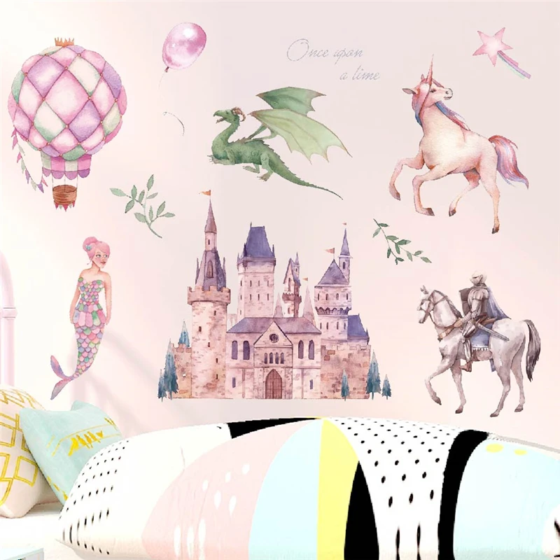 Fantastic Castle Princess Balloon Unicorn Wall Stickers For Kids Room Home Decoration Cartoon Mural Art Pvc Decals Gilrs Posters