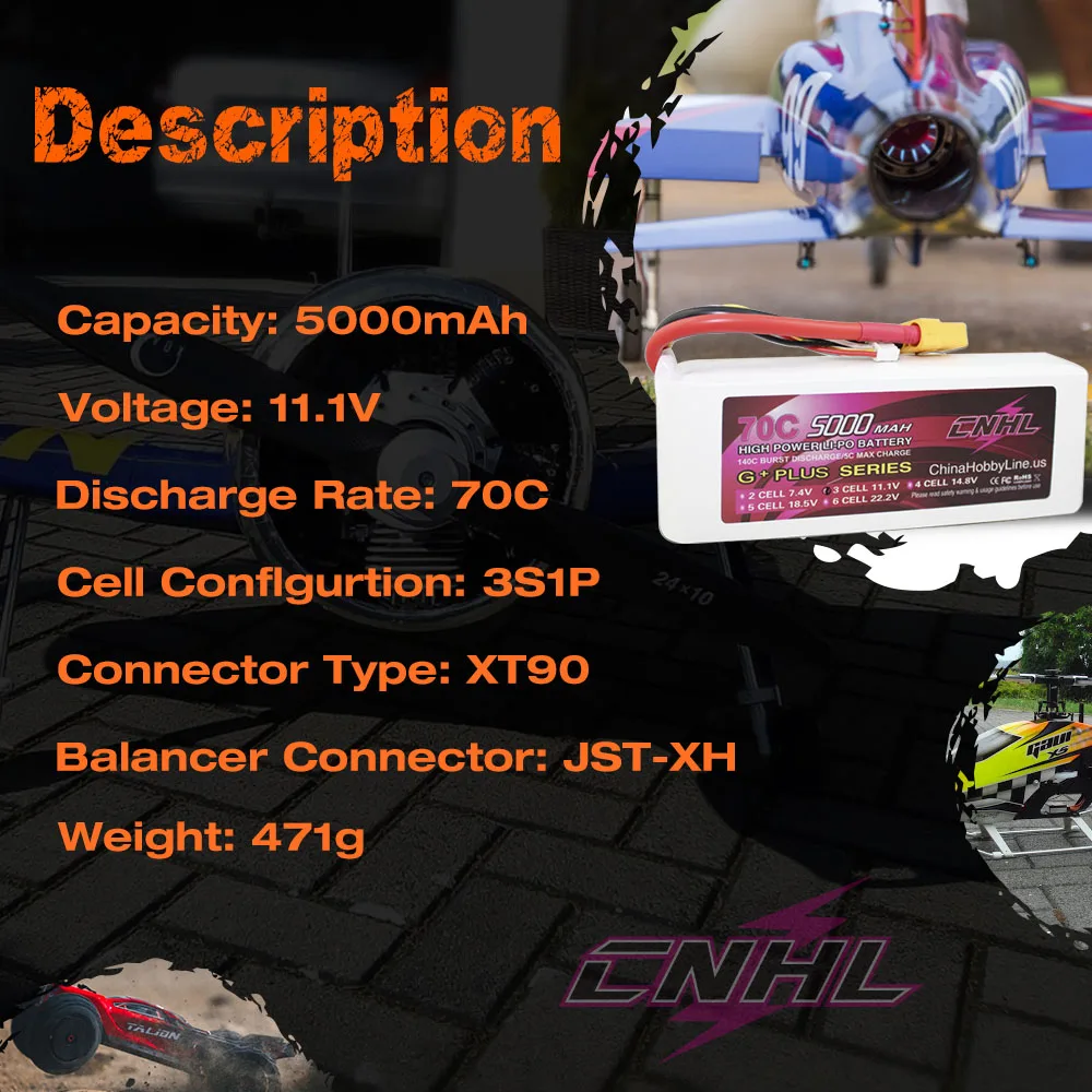 CNHL Lipo Battery 3S 4S 6S 11.1V 14.8V 22.2V 5000mAh 70C With XT90 Plug for RC Car Boat Airplane Helicopter Speedrun Quadcopter