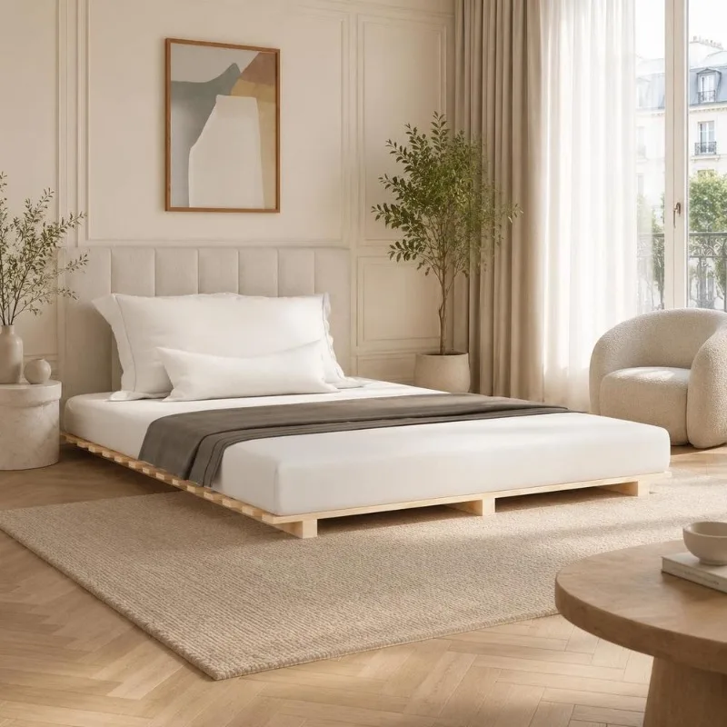 Cadre de lit en bois de pin massif 140 x 190 cm avec sommier à lattes en contreplaqué, structure stable et robuste, style rustique naturel, facile à monter pour chambre principale, studio et chambre d'invité.