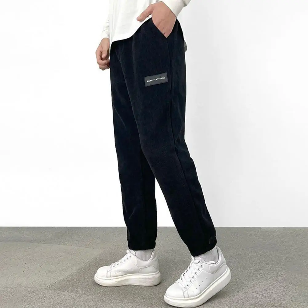 

Drawstring Elastic Waist Sweatpants Men Mid-rise Waist Corduroy Trousers Men's Thickened Plush Wide Leg Sweatpants with for Fall