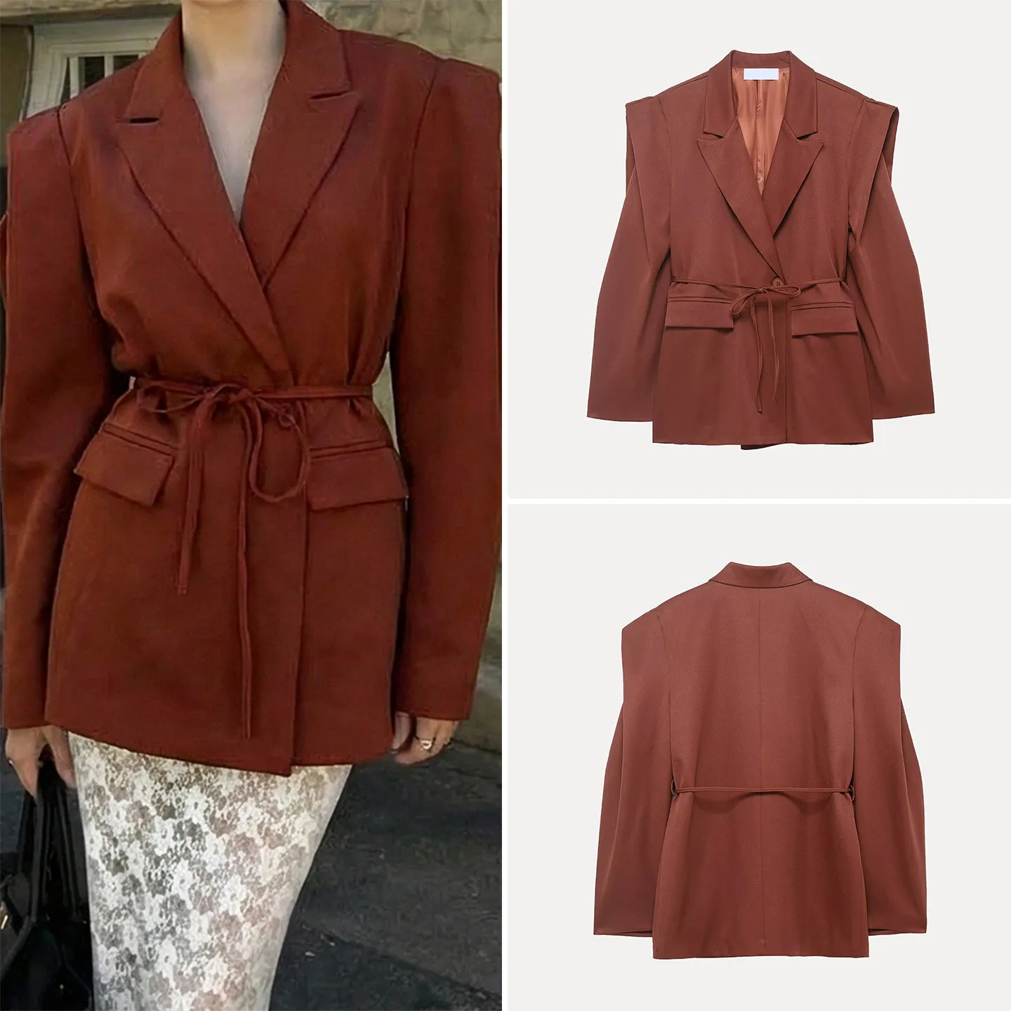 

Faionable Wide oulder Suit Jaet for Women Winter 2025 Simple Sle Long Sve Belted Coat Z Brand Personali