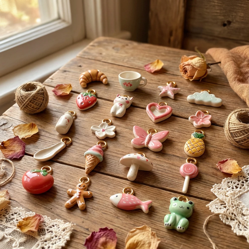 Einfacher und süßer Stil, beliebte DIY-Anhänger-Charms für Schmuck: Erdbeere, Ananas, Wolke, Liebe, Pilz. – Detail 3
