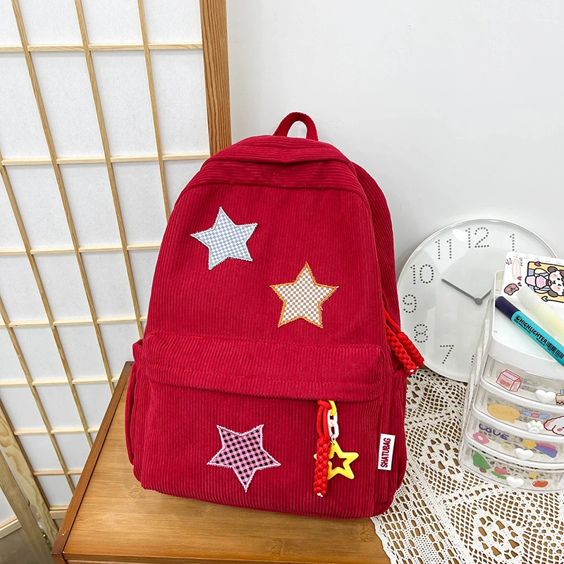 Solid Star Twist Zipper Large Capacity Corduroy School Bag Simple Backpack 2024 Hot Sale Bags for Girls and Boys Bolsos Colegio