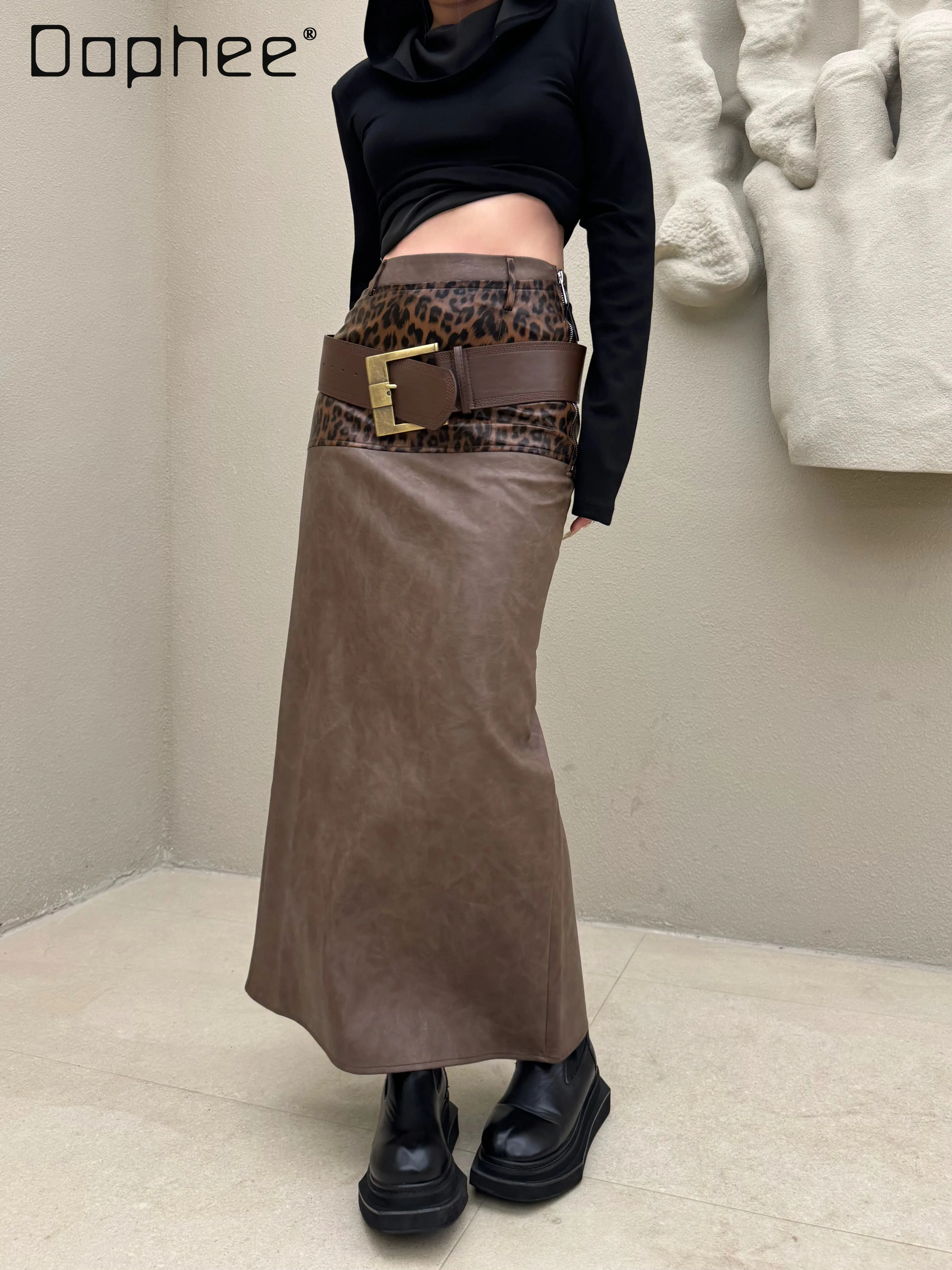 

Leopard Print Leather Long Skirt Spicy Girl Wide Belt Split Back Hip Wrapped Skirt 2024 Autumn Winter Fashion Y2k Trendy