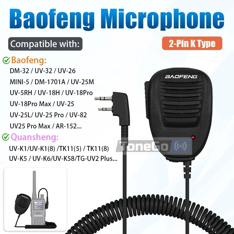 Baofeng Microphone 2 Pin K Type PTT Walkie Talkie Shoulder Speaker Mic For Quansheng UV-K1 UV-K5(8) BaoFeng DM-32 UV-5RH MINI-5