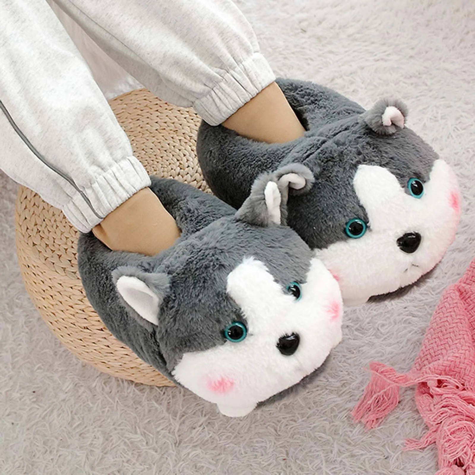 Women Cute Cartoon Slippers Christmas Elk Pig Animal Plush Indoor Comfortable Warm Cover Heel Non Slip Slippers Winter Slides