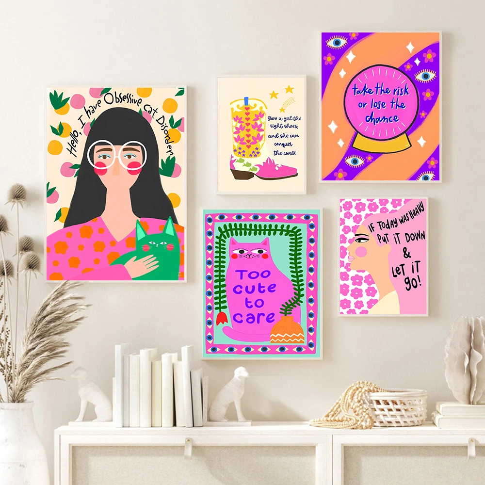 Abstract Cowboy Boots Colourful Poster Art Print Girls Gifts Pink Quote Wall Canvas Painting Cute Cat Living Room Home Decor