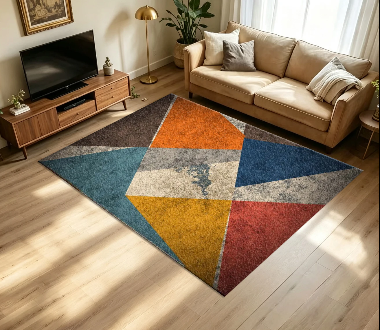 Retro Distressed Geometric Triangle Carpet Flooring Vintage Multi‑Color Fragment Splicing Printed Floor Rug for Household Indoor Home Artistic Decoration