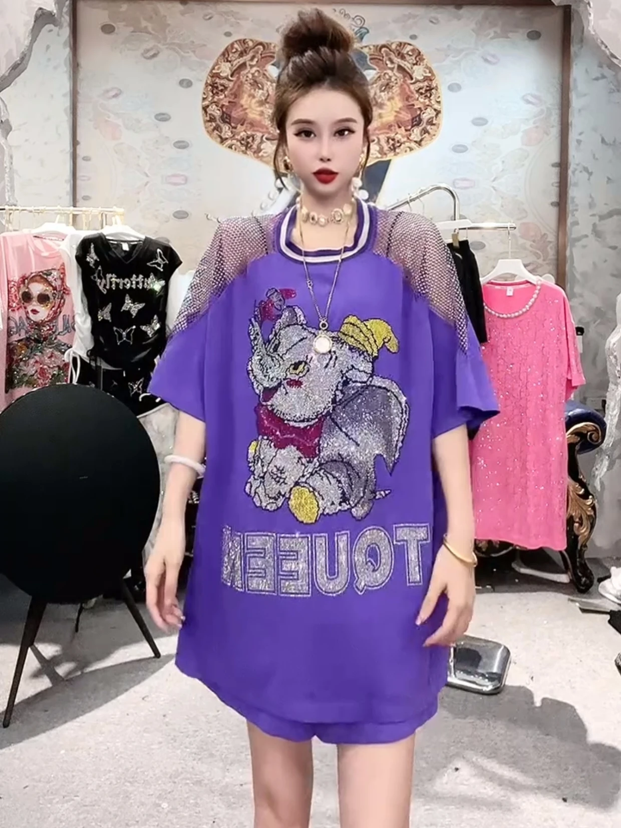 Sexy Cutout off-the-Shoulder Purple Short-Sleeved Cartoon Top 2024 Summer New Casual Loose Shorts 2 Piece Sets Women Outfits