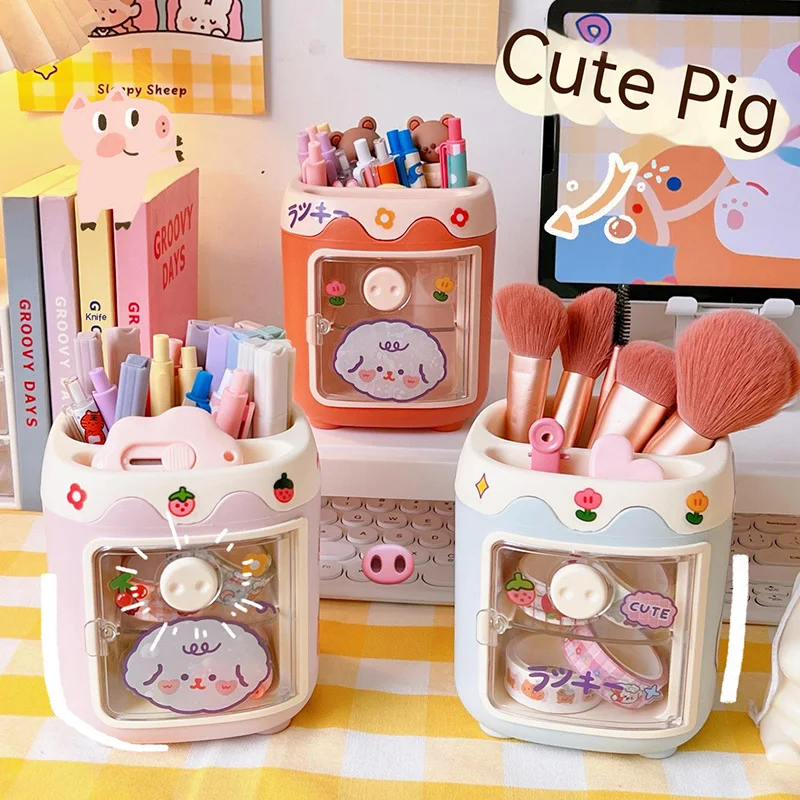 

Cartoon Multi Grid Cute Rreative Piggy Drawer Pen Pot Holder Girl Heart Kawaii Student Multifunctional Storage Office Stationery