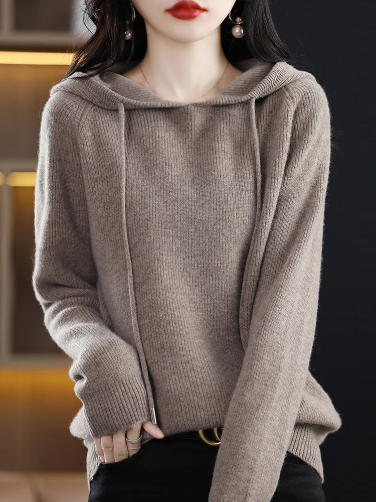 

Women’s Hoodie Sweater Pullover 100% Merino Wool Knitwear Raglan Sleeve Stripe Thick Cashmere Chic Comfortable Top Autumn Winter