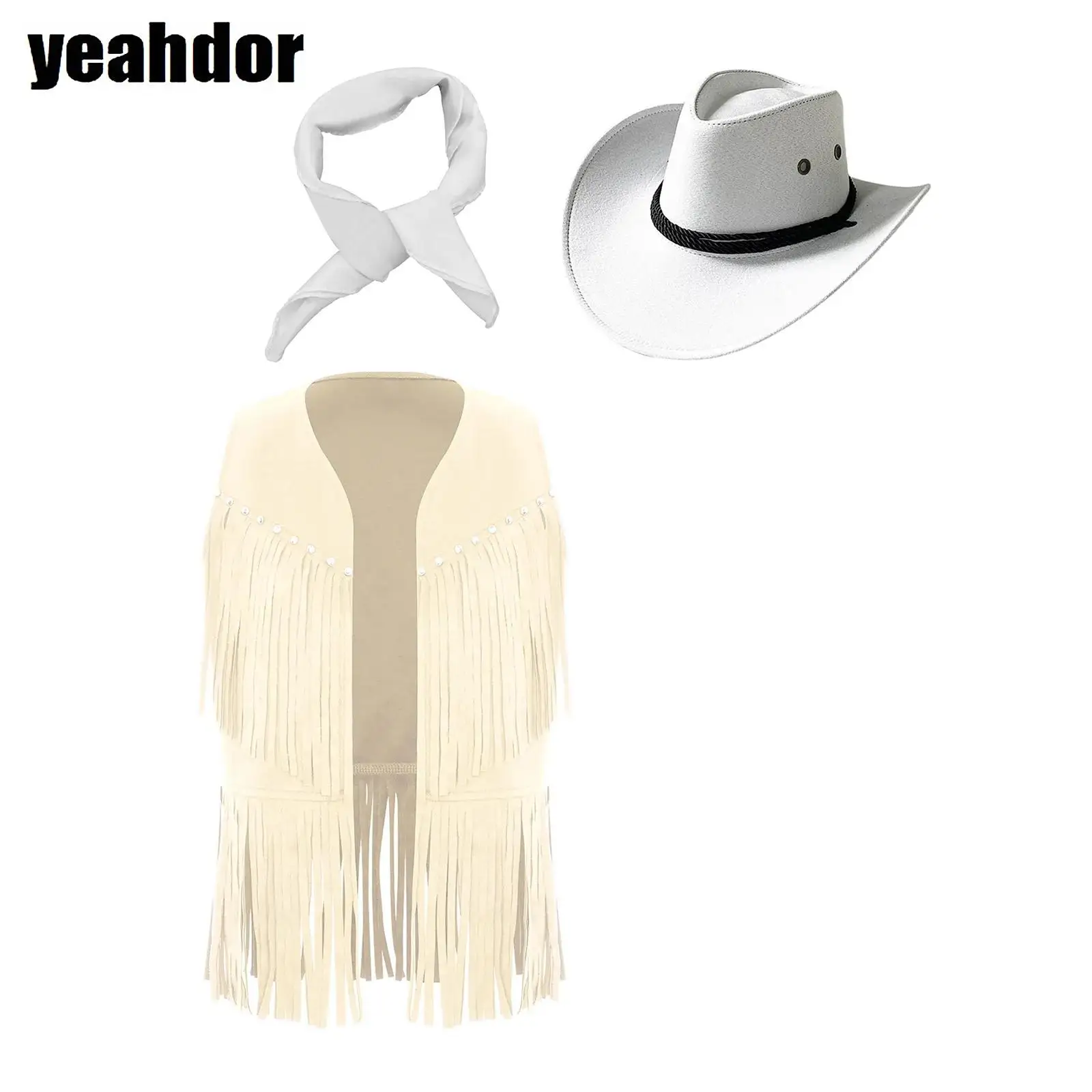 

Girls Western Cowboy Costume Suit Halloween Cosplay Cowgirl Tassels Waistcoat Fringed Vest And Felt Cowboy Hat Square Scarf Set
