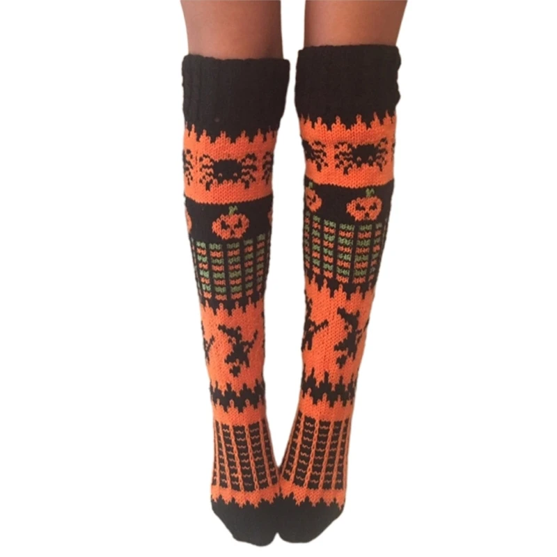 

Women Halloween Over Knee Long Socks Winter Warm Boot Stockings Pumpkin Witch Knitted Thigh High Leg Warmers