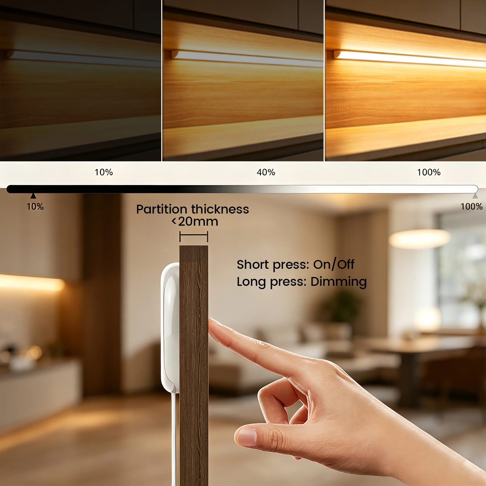 Motion Hand Touch Sensor LED Light Bar Penetrable Wood Aluminum Light Dimmable Cabinet Wardrobe Backlight Lamp for Kitchen Shelf
