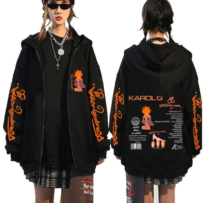 

Singer Karol G Tropicoqueta Zipper Hoodie Men Women Hip Hop Fashion Pop Music Zip Up Jacket Vintage Oversized Zip Up Sweatshirt