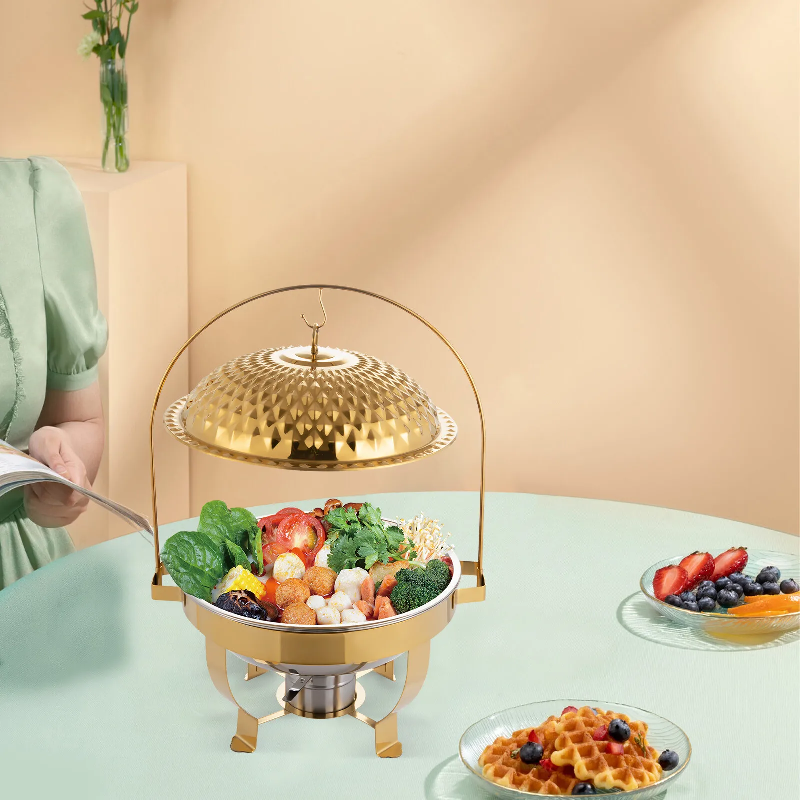 

6L/6.3QT Gold Diamond Hanging Lift-Off Lid Dining Stove, Stainless Steel Modern Round Buffet Warmer, Countertop Food Warmer