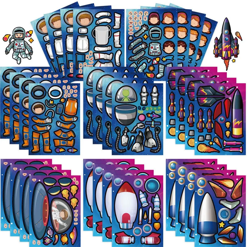 6-24sheets Space Stickers for Kids Creative Make Your Own Astronaut Stickers Children DIY Craft Make A Face Puzzle Jigsaw Gifts