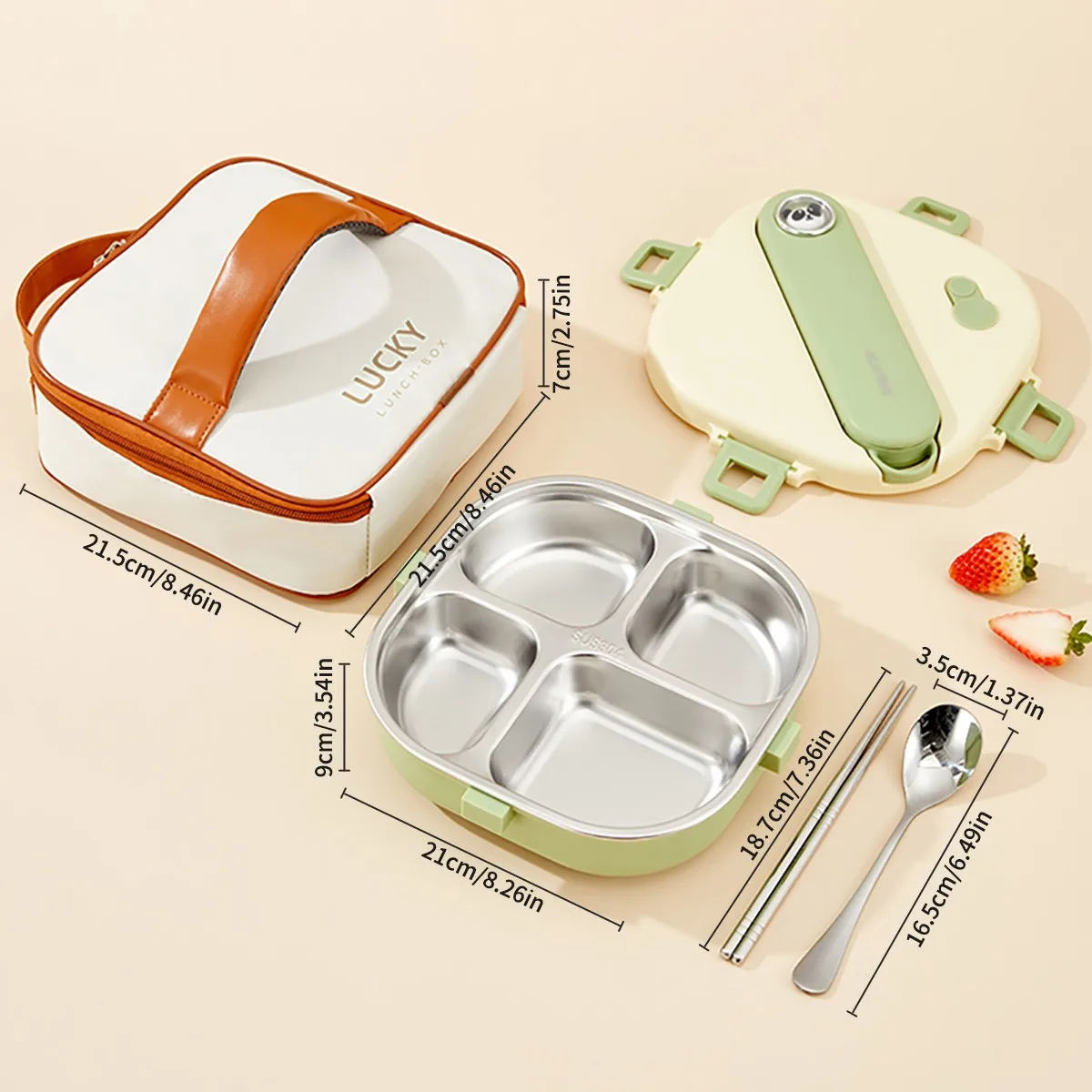 Vierkante 304 roestvrijstalen lunchbox met bestek, 3/4 vakken, lekvrij, grote capaciteit, lunchcontainer voor kinderen en studenten