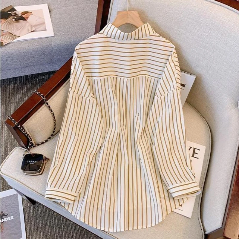 Spring Autumn New Turn-down Collar Long Sleeve Fashion Shirt Women High Street Striped Button Fake Two Pieces Elegant Cardigan