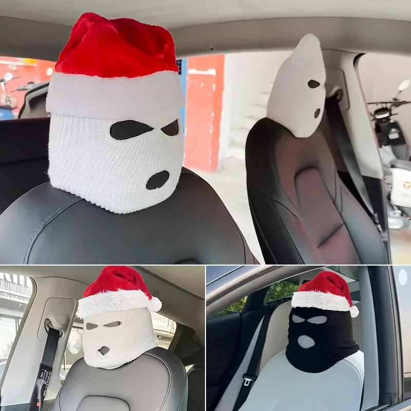 Funny Hat Spoof Car Seat Cover Masked Person Knitted Headgear Headrest Decoration Christmas Car Anti-theft Warning Accessories