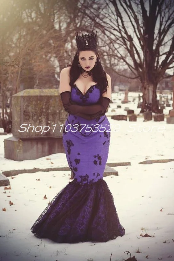 Black Purple Gothic Flare Mermaid Wedding Dresses with jacket Masquerade Boned Corset Lace-up Bridal Gown Outfit 2025