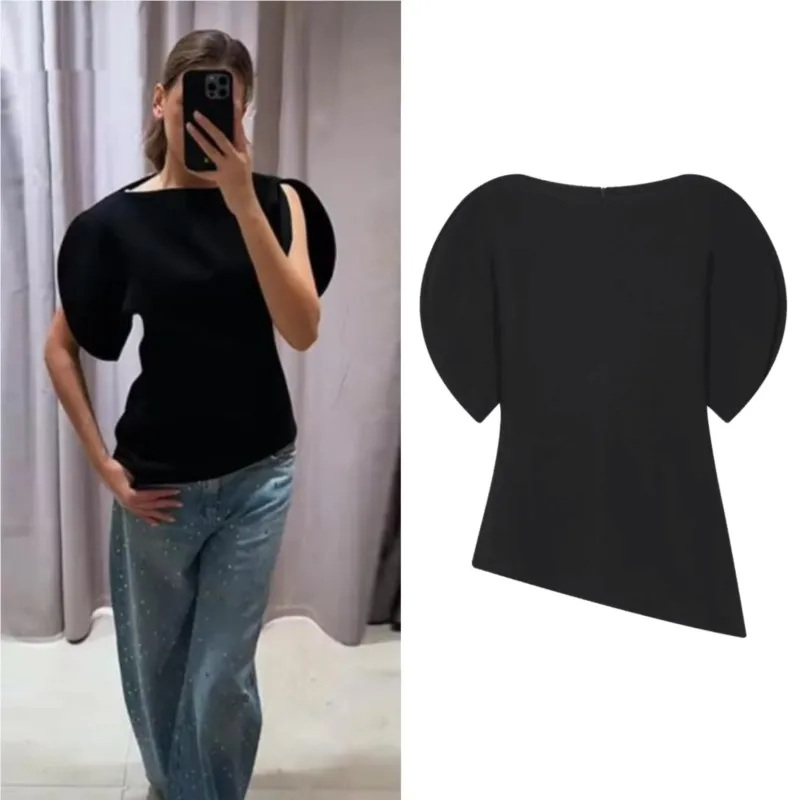 

Women Bubble Short Sleeve O-neck Shirt 2025 New Fashion Asymmetry Top Casual Female Waist Cincher Solid Blouses