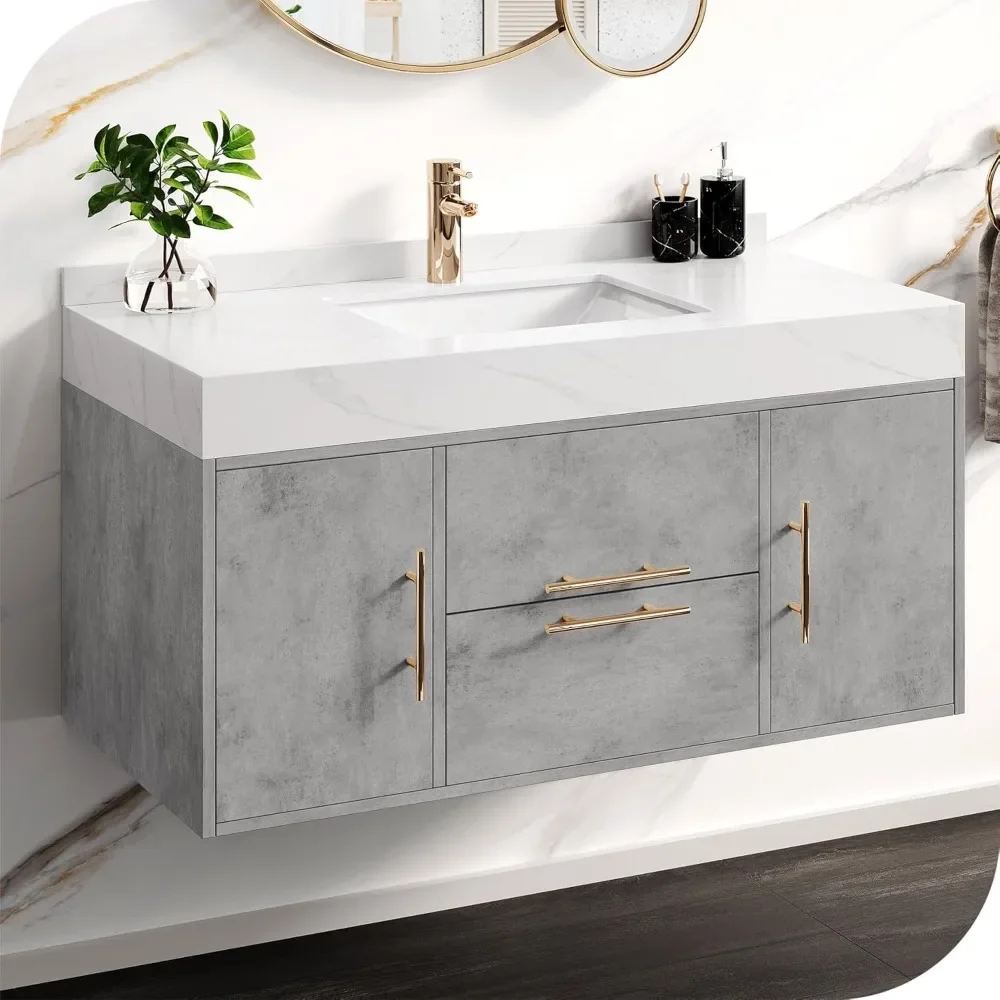 

40 Inch Grey Floating Bathroom Vanity Wall Mounted Bathroom Vanity with White Sintered Stone Countertop and Ceramic Basin