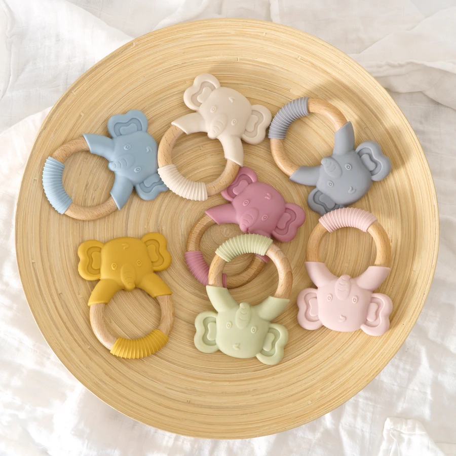 

1Pc Baby Health Teether Toy Bracelet Food Grade Kawaii Animal Silicone Pendant Wood Ring Teething Rattle Baby Accessories Toys