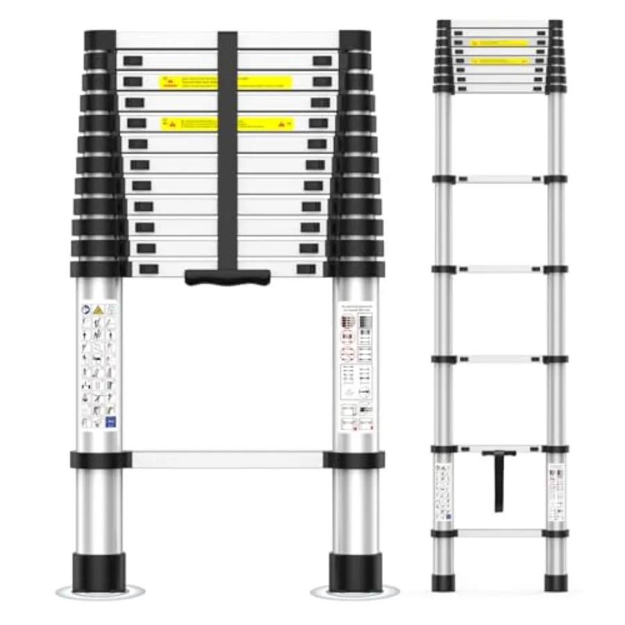 

12.5FT Telescoping Aluminum Extension Ladder 330lb Capacity with Anti-Slip Steps for Attic Roof and Home Renovation Access
