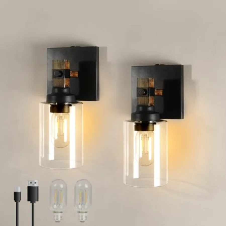 

Battery Operated Wall Sconce 2-Pack Farmhouse Rechargeable Wall Lamp Set of Two No Wired Required, Easy Install Cordless for Be