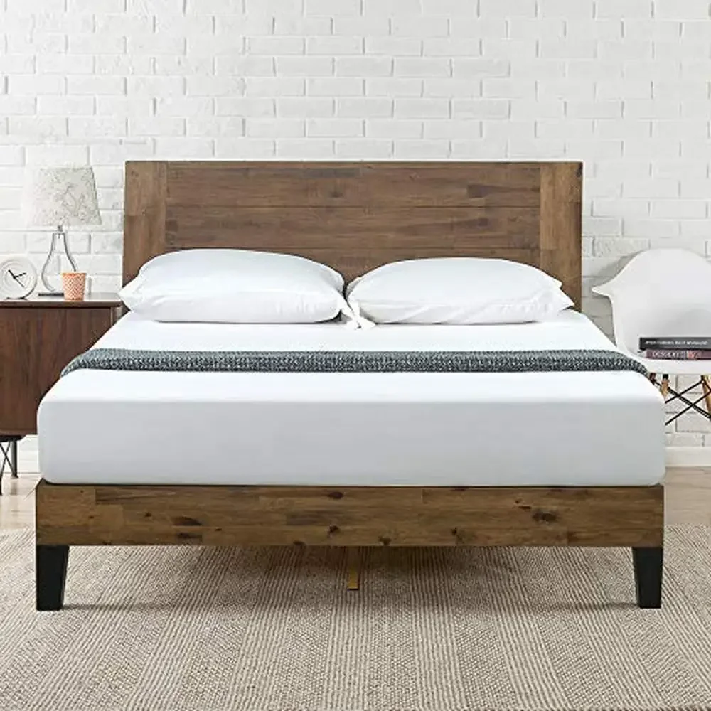 Wooden Platform Bed Frame with Headboard Sturdy Construction Simple Design Easy Assembly Queen Size 81.5