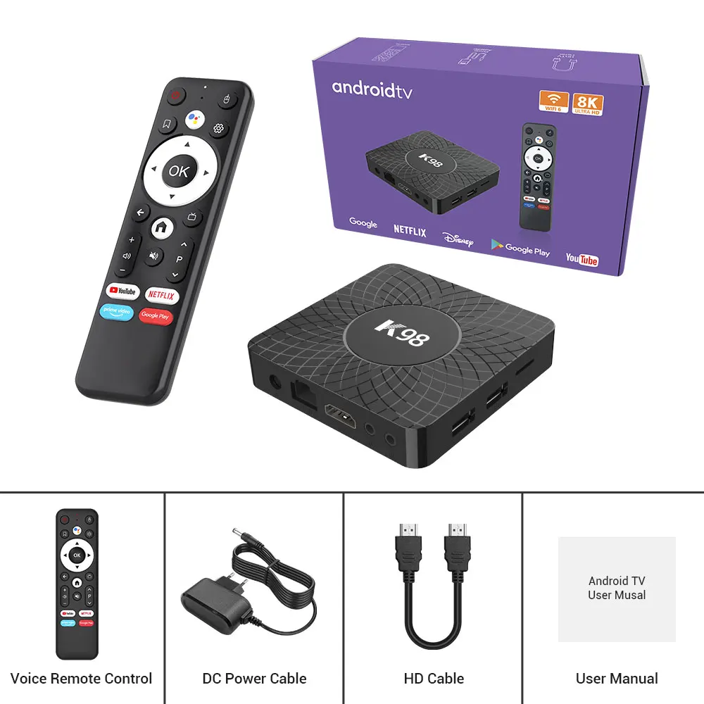 2025 K98 TV Stick Android14.0 TV Box HDR RK3518 Wifi BT5.0 تلفاز ذكي 2.4G 5G 4K HD صندوق تلفاز ذكي صوت عن بعد مجموعة صندوق علوي