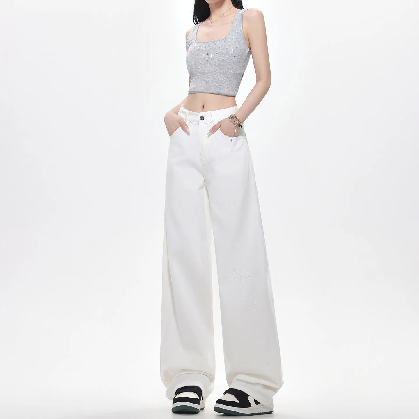 

White High Waist Straight Leg Jeans Women's Summer 2026 New Small Size Loose Drape Casual Versatile Wide Leg Pants