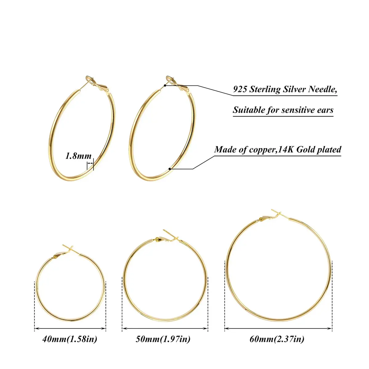 Hypoallergenic 925 Sterling Silver Post Circular ring 14K Gold Plated Hoop Earrings 40/50/60mm Women's Party Jewelry