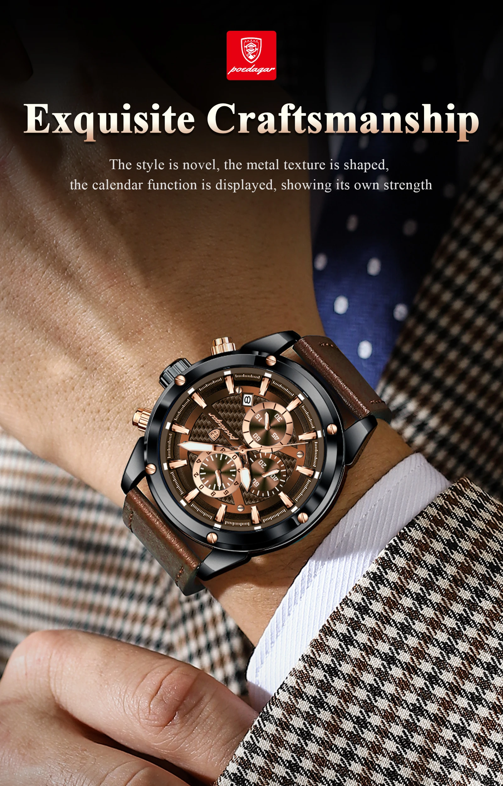 POEDAGAR High Quality Quartz Man Clock Waterproof Luminous Chronograph Date Men Wristwatch Leather Luxury Business Men's Watches