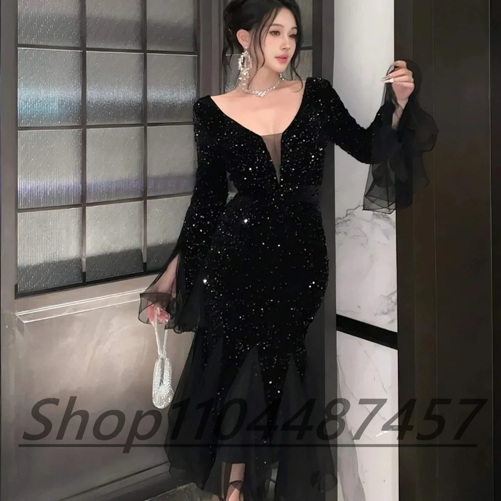 Vestido de noche Formal personalizado con cuello en V y lentejuelas, Espalda descubierta, manga larga, sirena hasta la rodilla, vestido de fiesta para graduación para mujer