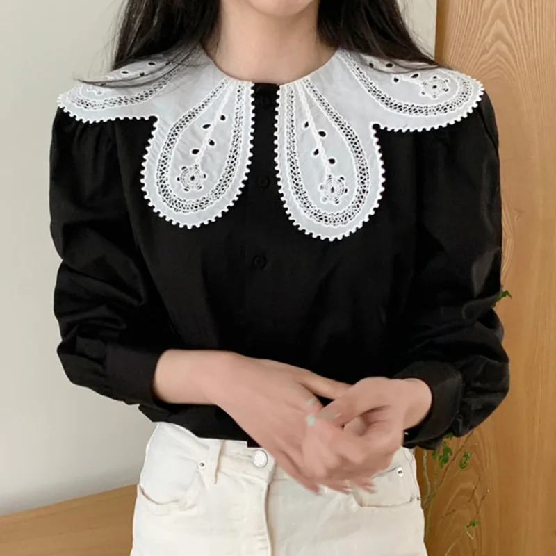 Chic Spring Autumn Women\'s Shirt New Style Ruffle Collar White Loose Design Sweet Youthful Bubble Sleeve Blouse Pure Color Do...