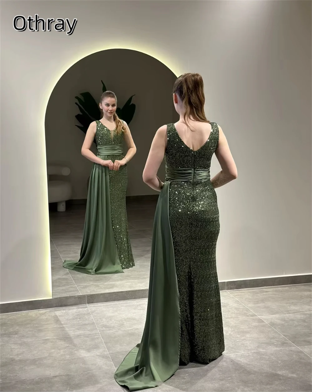 Othray Stunning V-neck Mermaid Floor Length Backless Sequined Sleeveless Split Evening Dresses Party Grown