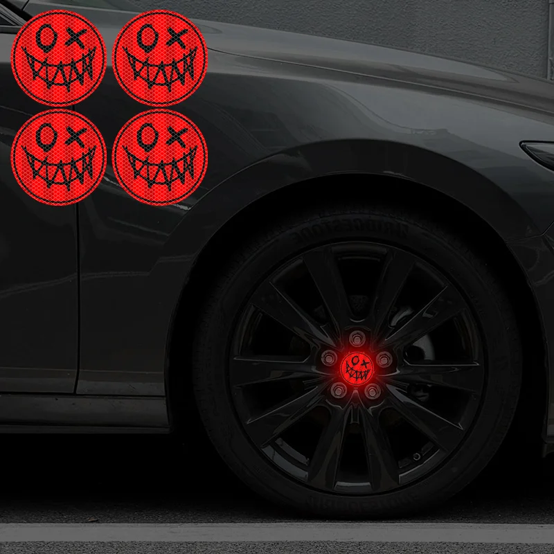 

1Set Reflective Scary Smile Face Car Sticker - Waterproof Safety Vinyl Decal for Sedan Truck SUV Wheel Hub DIY Decor