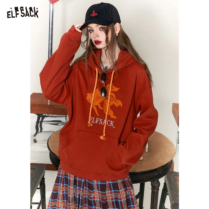 ELFSACK Graphic Goldfish Hoodies Women 2023 Winter New Chinese Style Plus Size Tops