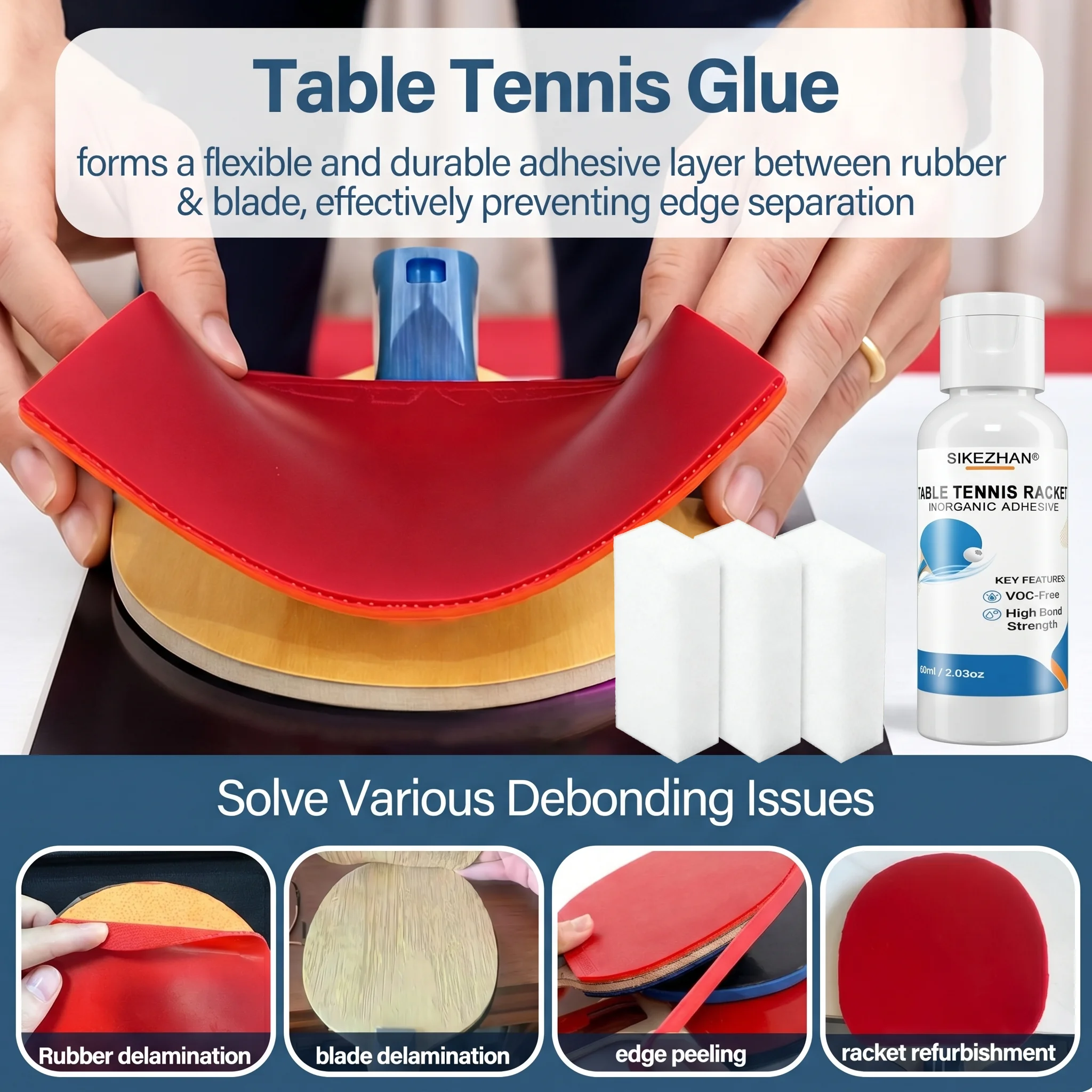 Professional 60ml Table Tennis Glue with 3 Sponges, High-Bonding Inorganic Adhesive for Ping Pong Racket Rubber Assembly