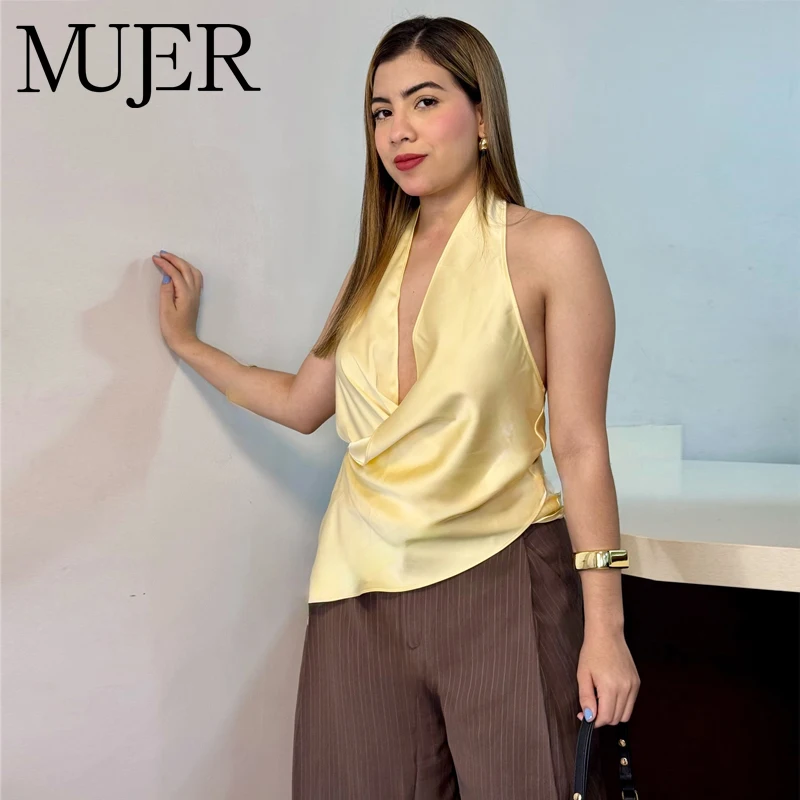 MUJER 2026 Satin Halter-Tops für Damen Asymmetrisches Rückenfreies Top Schulterfreies Party-Oberteil Sexy Ärmelloses Damen-Top